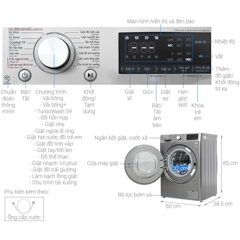 Máy giặt LG 10 kg FV1410S4P APTPEVN cửa trước0