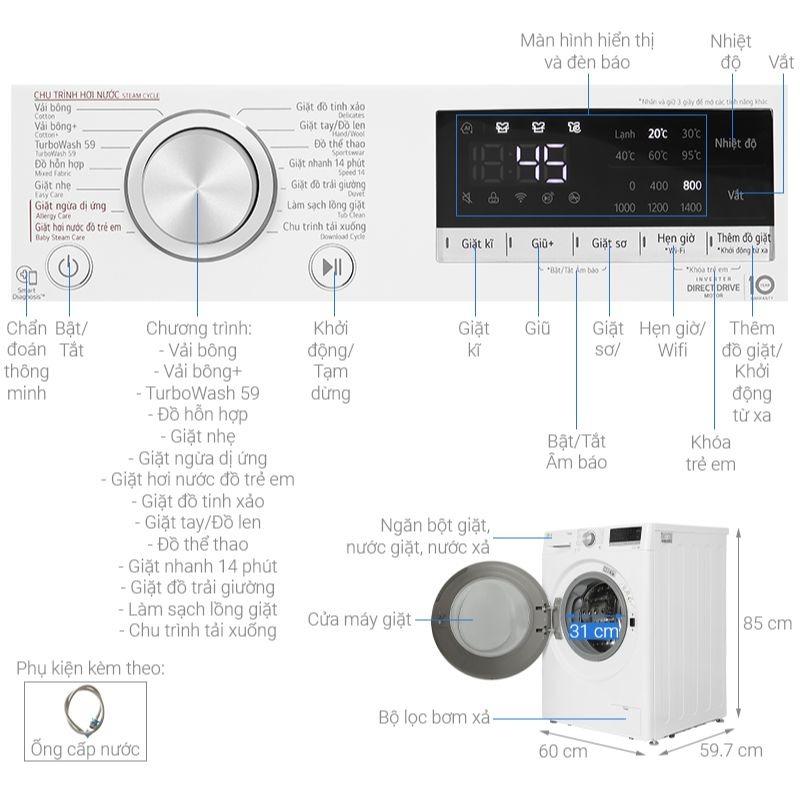 Máy giặt LG 10 kg FV1410S4W1 ABWPEVN cửa trước0