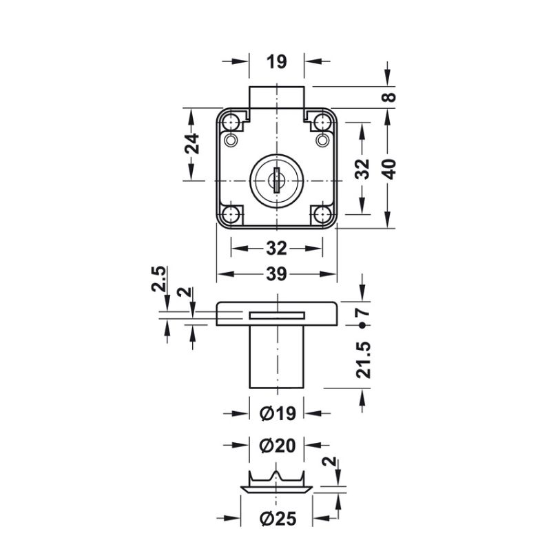 Khóa vuông Econo cửa dày 22mm Hafele 232.01.2200