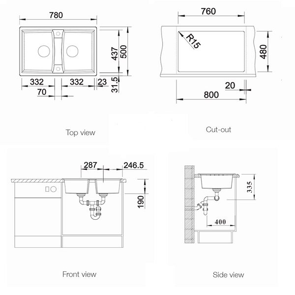 Kích thước Chậu rửa bát Blanco LEXA 8 Jasmine