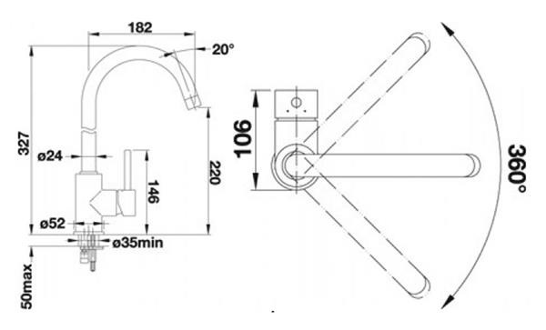 Kích thước Vòi rửa bát Blanco MIDA XL Alu