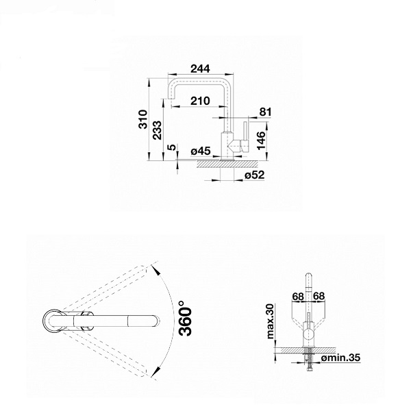 Kích thước Vòi rửa bát Blanco MILI Chrome