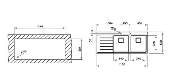 Thông số chi tết của chậu rửa Teka ZENIT R15 2B 1D RHD