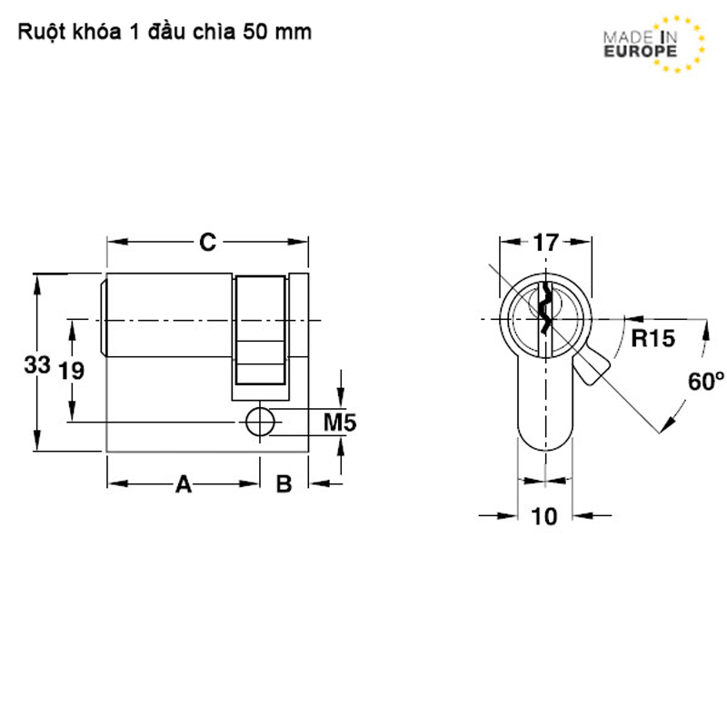 Ruột khóa 1 đầu Hafele 916.96.129, 50mm Đồng thau0