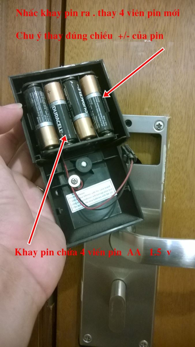 Nhấc khay pin ra rồi thay 4 viên pin mới vào