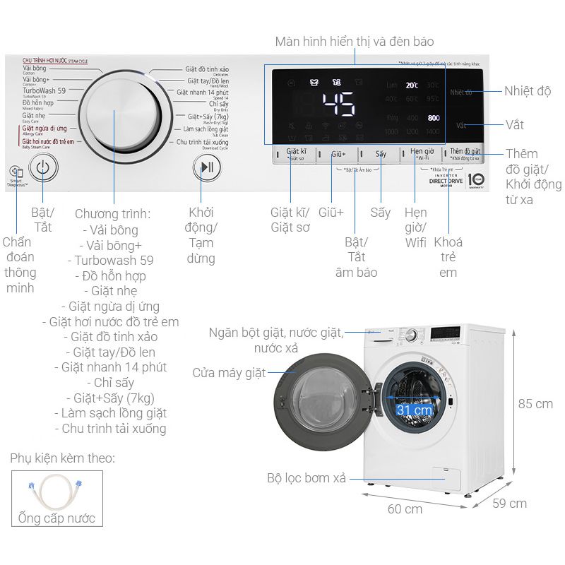 Máy giặt sấy LG giặt 11 kg – sấy 7 kg FV1411D4W3