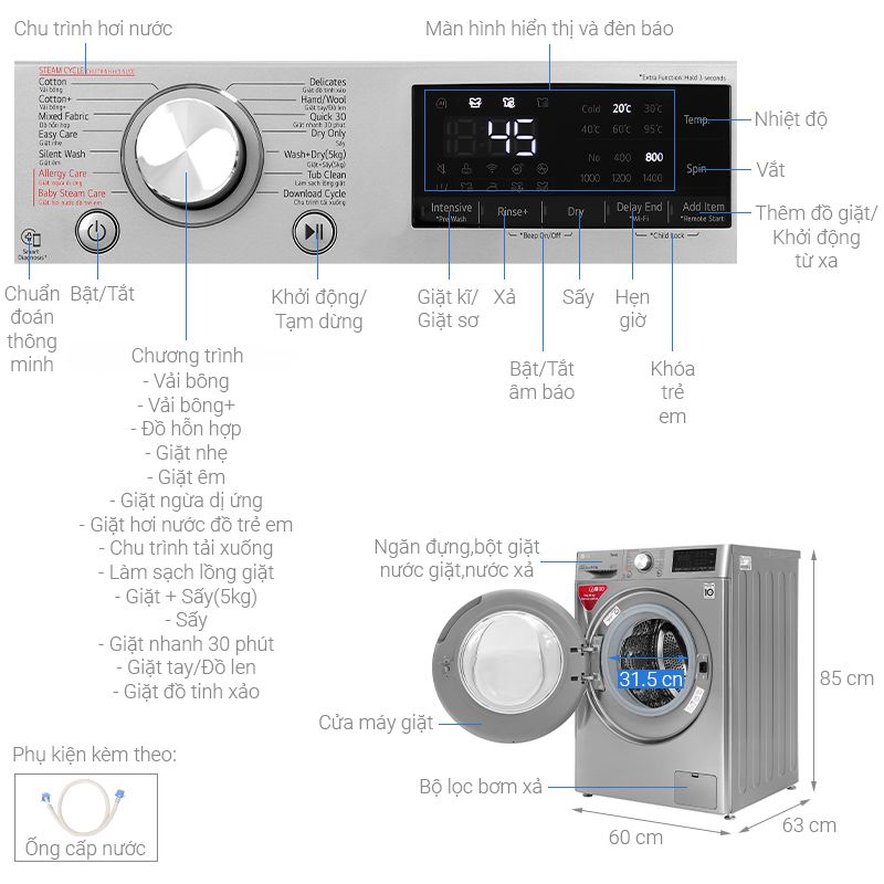 Máy giặt sấy LG giặt 9 kg – sấy 5 kg FV1409G4V3