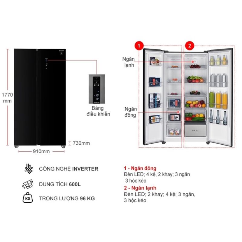 Tủ lạnh 2 cánh side by side 600 lít Sharp SJ-SBXP600VG-BK1