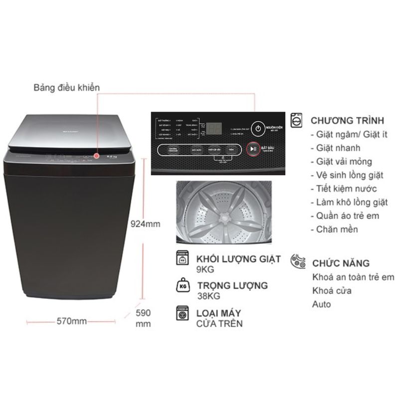 Máy giặt Sharp 9kg ES-Y90HV-S cửa trên1