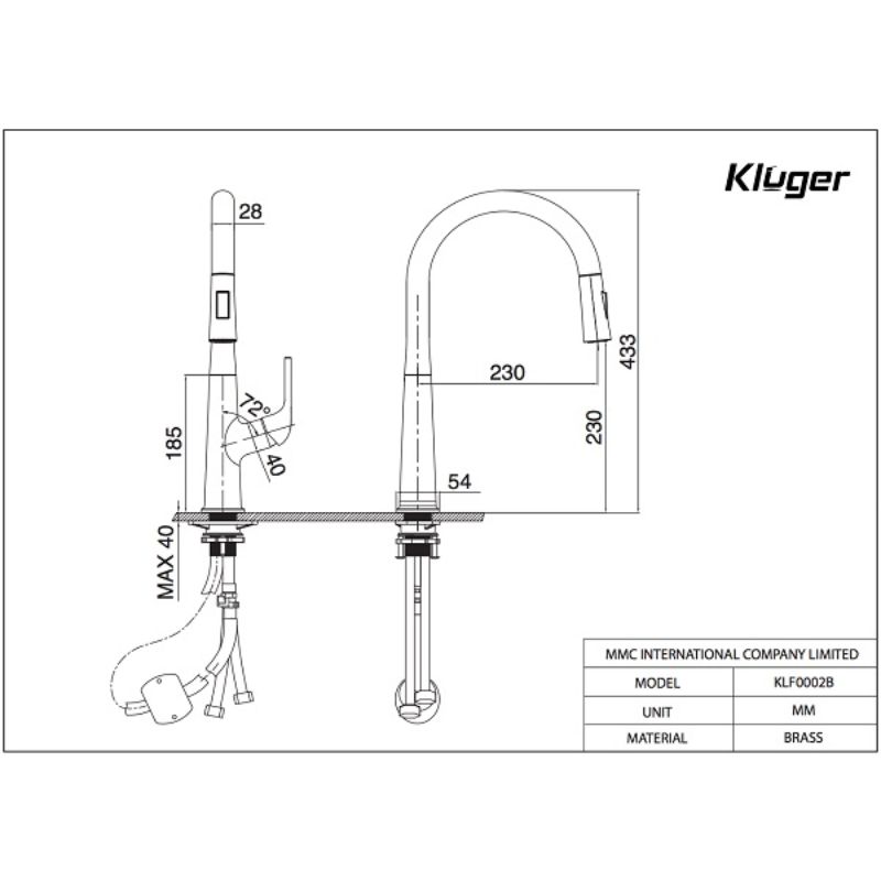 Vòi rửa bát nóng lạnh Kluger KLF0002B có dây rút2