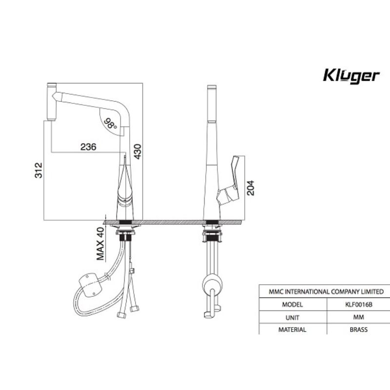 Vòi rửa bát nóng lạnh Kluger KLF0016B có dây rút0